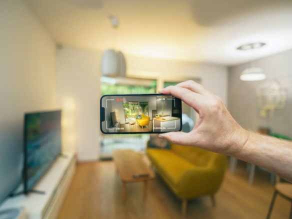 Mano sosteniendo un celular que graba la sala de un apartamento iluminado para mostrarlo en un anuncio