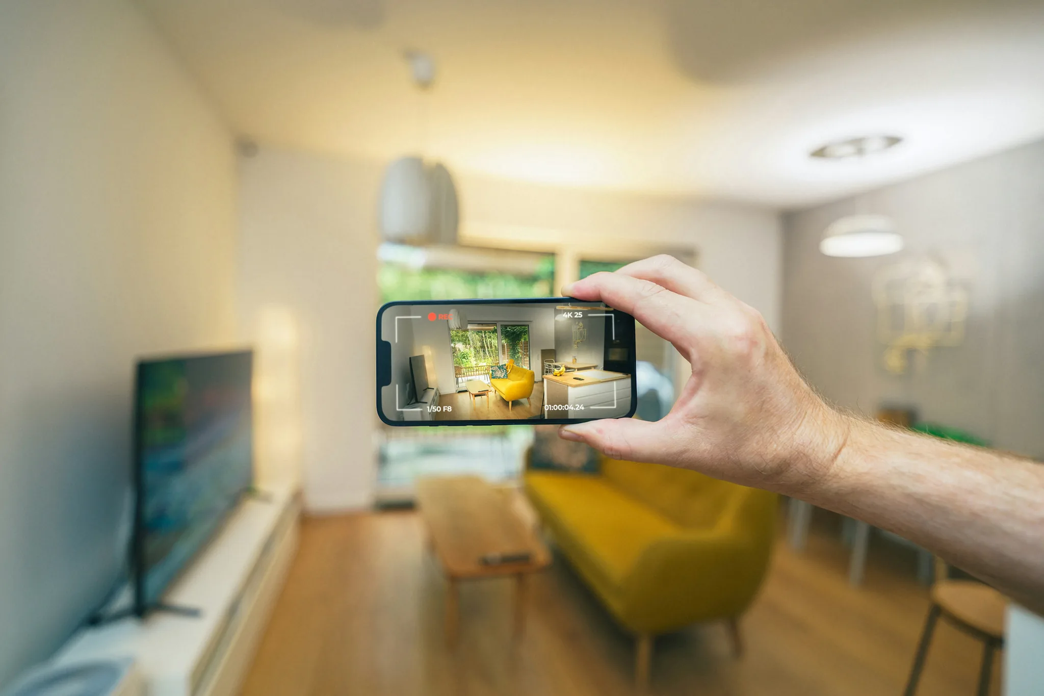Mano sosteniendo un celular que graba la sala de un apartamento iluminado para mostrarlo en un anuncio